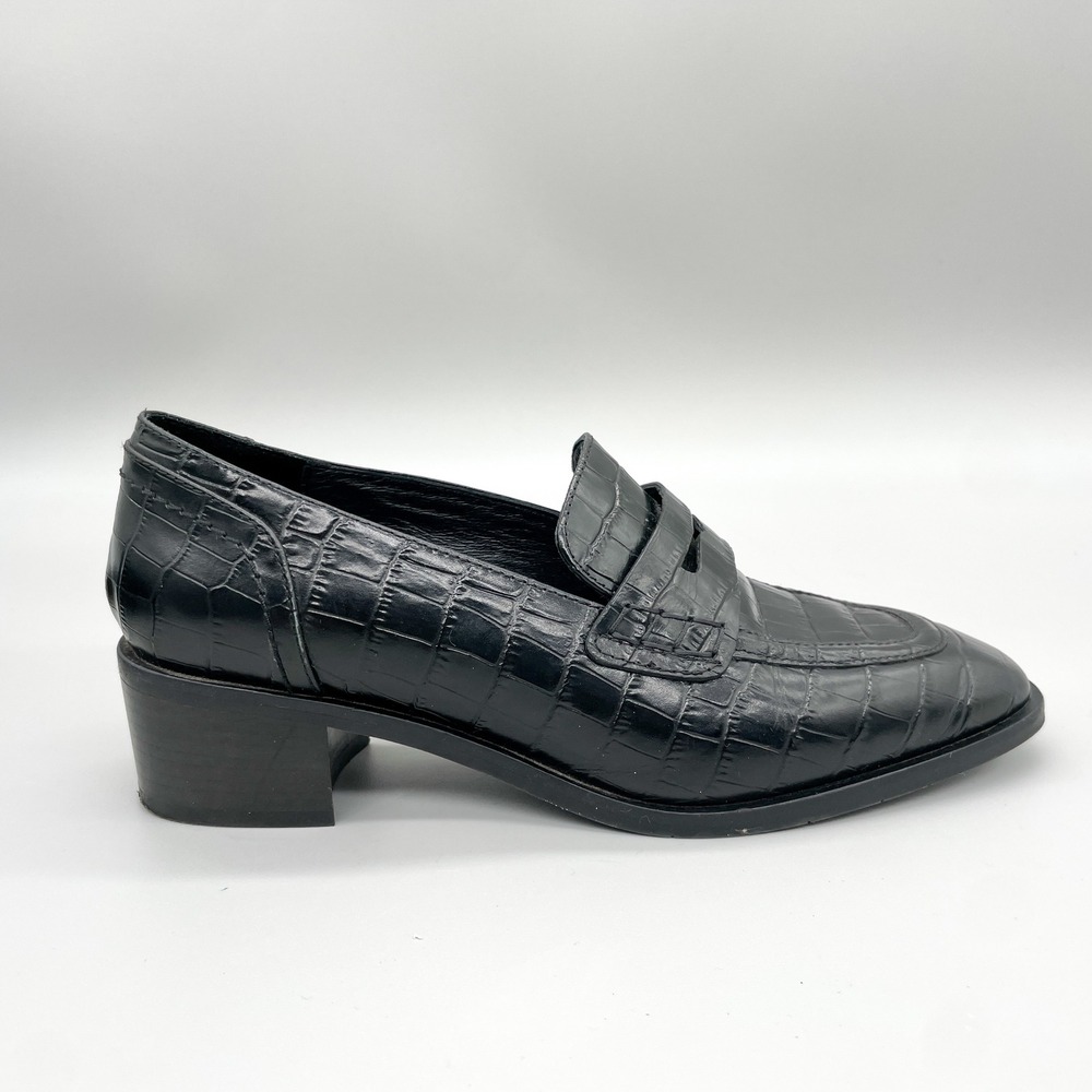 Aquatalia Womens 9 Riya Black Croc Embossed Leather Penny Loafer Block Heel Shoe